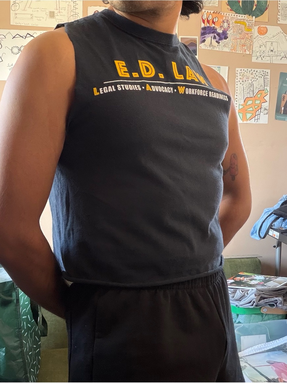 Black Sleeveless Logo Crop Tee with Yellow Print - Gymbro Workout T